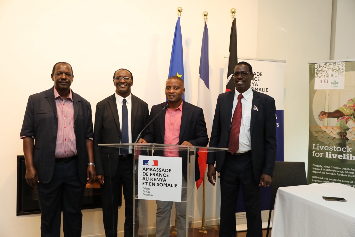 From left to right: Dr. Kizito Kwena Project PI -KALRO; Dr. Hezron Mogaka Project Co-PI Embu University; Dr. Dennis Beesigamukama, Project Co-PI -ICIPE: CPA. Bruno Ogama Project Co-PI Koitaleel Samoei University College during the Grant signing ceremony at the French Embassy residence in Nairobi