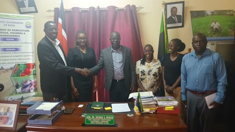 Bio Kenya Project team led by CPA Ogama while visiting the CECM (Minister) for Agriculture, Livestock & Blue Economy for Busia County Hon. Dr. Goege Mukok and the Director of Agriculture Mr. Mugendi during the round of engagement with County Agriculture heads on policy dialogue discusions on the Biochar and ICOF value chains that the project is promoting through field research.