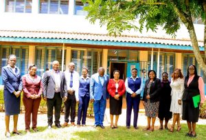 Prof. Ayub N. Gitau, Vice Chancellor of the University of Nairobi, sixth from the right; Prof. Winston J. Akala, Principal Koitaleel Samoei University College, third from the right; Ag. Deputy Principal of KSUC, Prof. Jepkemboi Choge, fourth from left; Registrar Administration, Dr. Rhodah Chumbah, first from right; The Librarian KSUC, Ms. Agnes Jeptoo, sixth from right; along with library staff take a moment for a photo during the Vice Chancellor’s visit to the University Library. The visit was part of his first trip to the University, where he spoke to first-year students.